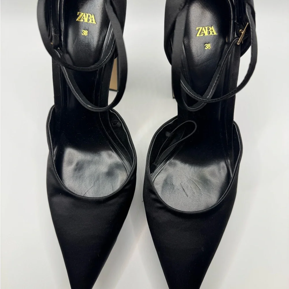Zara Black Satin Ankle Strap Heels Pumps Pointed Toe 8 (38) - Picture 5 of 9
